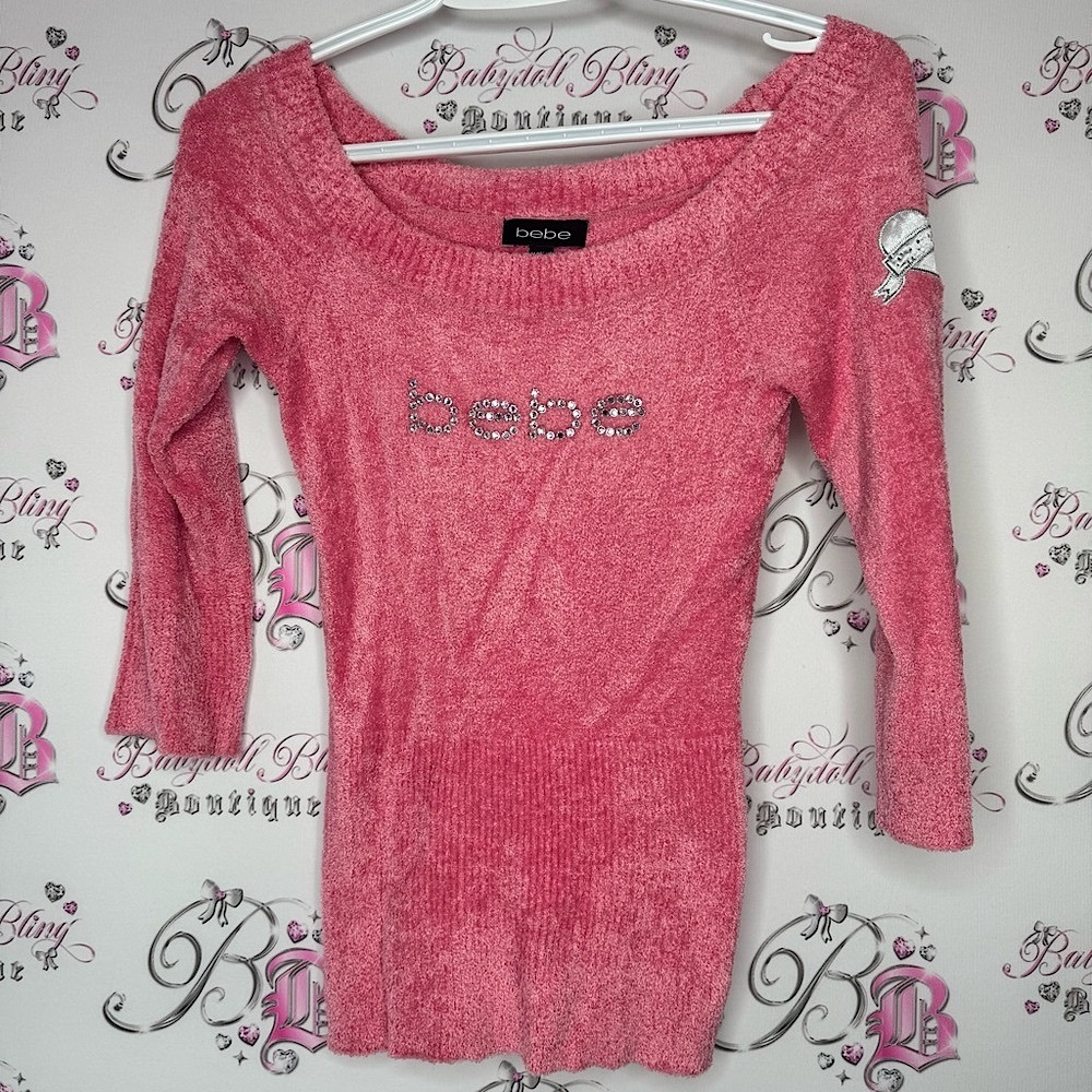 Bebe Pink Sweater Rhinestone Logo tattoo heart patch rare deadstock Swarovski